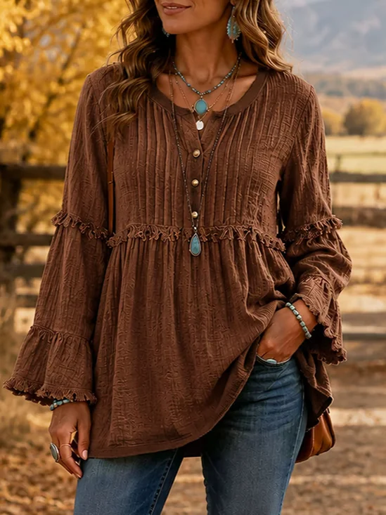 Women's Long Sleeve Blouse Spring/Fall Blue Plain Lace Crew Neck Daily Going Out Vintage Top