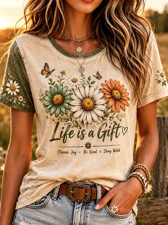 Women's Short Sleeve T-shirt Summer As Picture Floral Printing Crew Neck Daily Going Out Casual Top