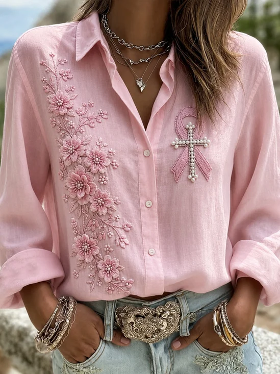 Floral Pearl Cross Awareness Ribbon Collared Shirt