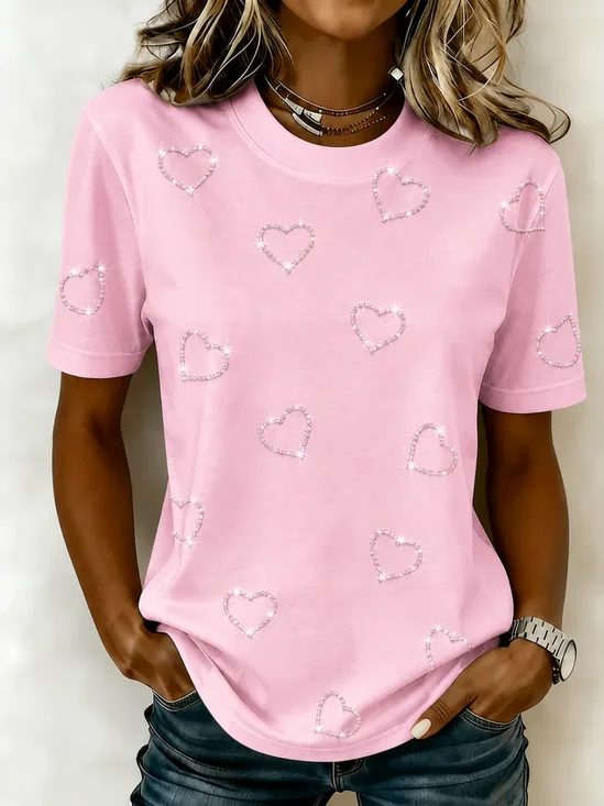 Women's Short Sleeve T-shirt Summer Pink Heart/Cordate Printing Crew Neck Daily Going Out Casual Top