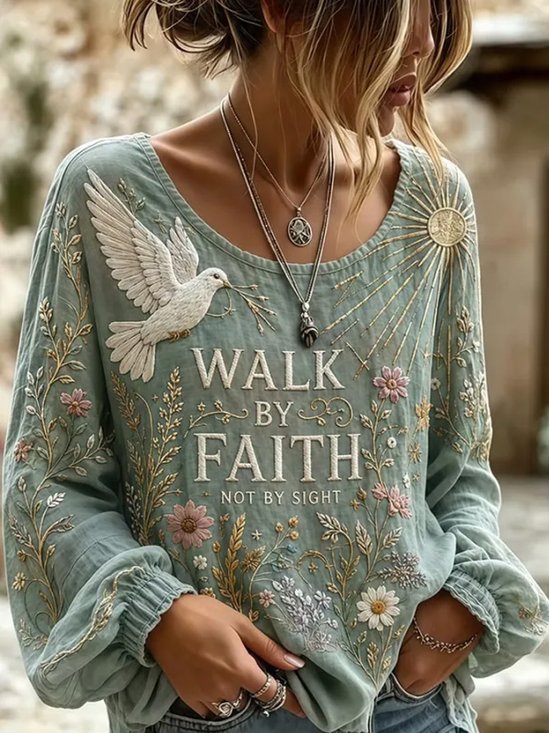 Floral Faith Letter Crew Neck Oversized Blouse
