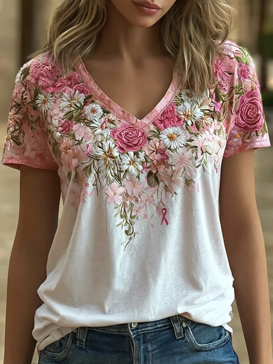 Rose Daisy Awareness Ribbon V Neck T-Shirt