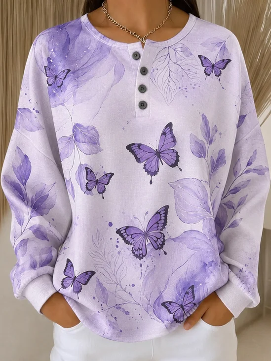 Watercolor Purple Butterfly Leaf Henley Top