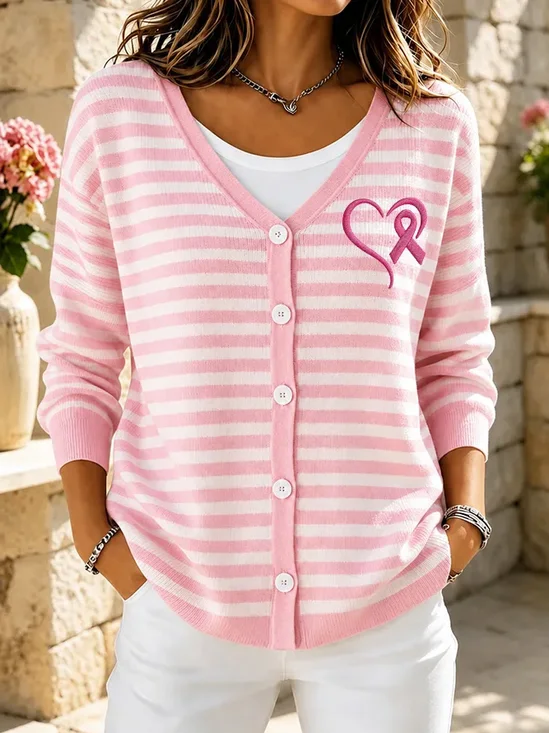Stripe Heart Awareness Ribbon V Neck Cardigan
