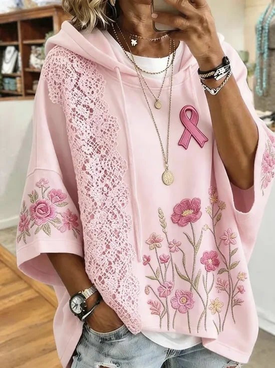 Floral Awareness Ribbon Casual Hooded Top