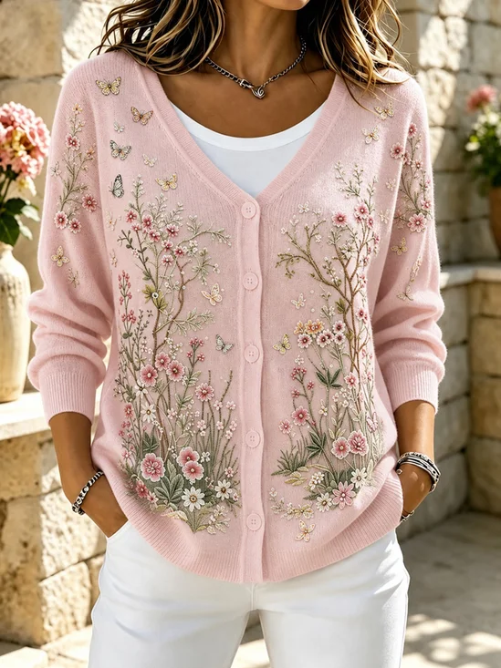 Floral Bush Butterfly V Neck Casual Cardigan
