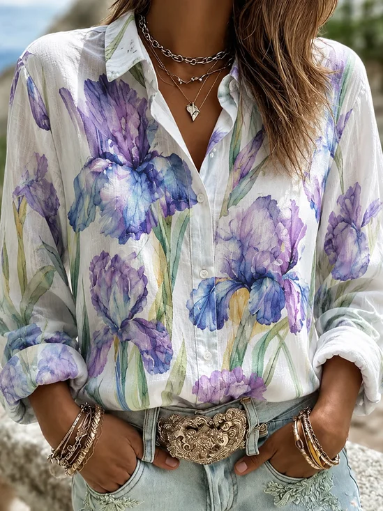 Watercolor Iris Collared Vacation Shirt