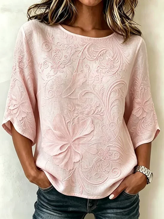 Women's Half Sleeve Blouse Summer Pink Floral Printing Crew Neck Daily Going Out Vintage Top