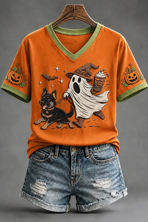 Regular Fit Dog Casual V Neck T-Shirt