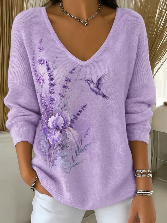 Lavender Iris Hummingbird V Neck Sweater