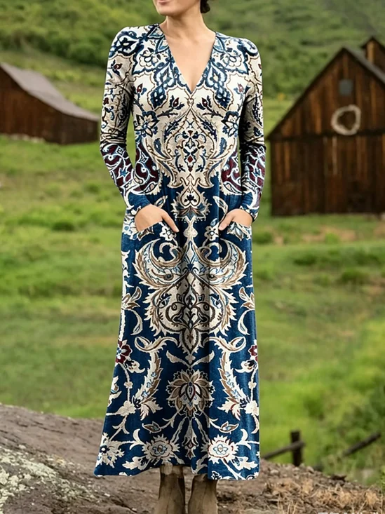 Women's Maxi T-shirt Dress Holiday Casual Bohemian Style Holiday Date Regular Fit Ethnic Pattern Geometric Long Sleeves Round U Neck