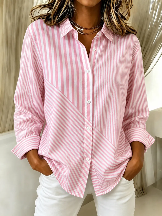Women's Long Sleeve Shirt Spring/Fall Pink Striped Buckle Shirt Collar Regular Sleeve Daily Going Out Casual Top