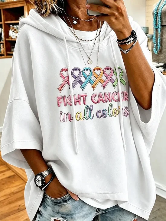 Multicolor Heart Ribbon Slogan Short Sleeve Hoodie
