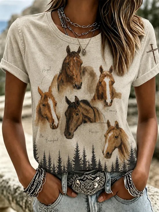 Western Horse Pine Tree Cross Crew Neck Casual T-Shirt