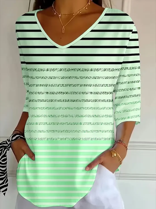 Women's Three Quarter Sleeve T-shirt Spring/Fall Green Striped Printing V Neck Daily Going Out Casual Top