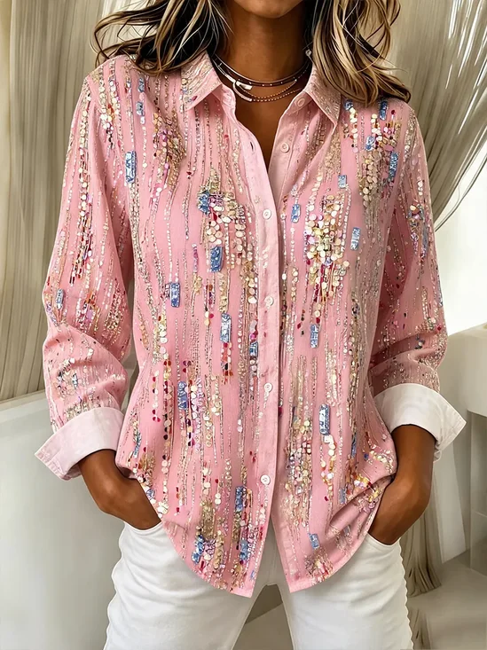 Women's Long Sleeve Shirt Spring/Fall Pink Abstract Buckle Shirt Collar Regular Sleeve Daily Going Out Casual Top