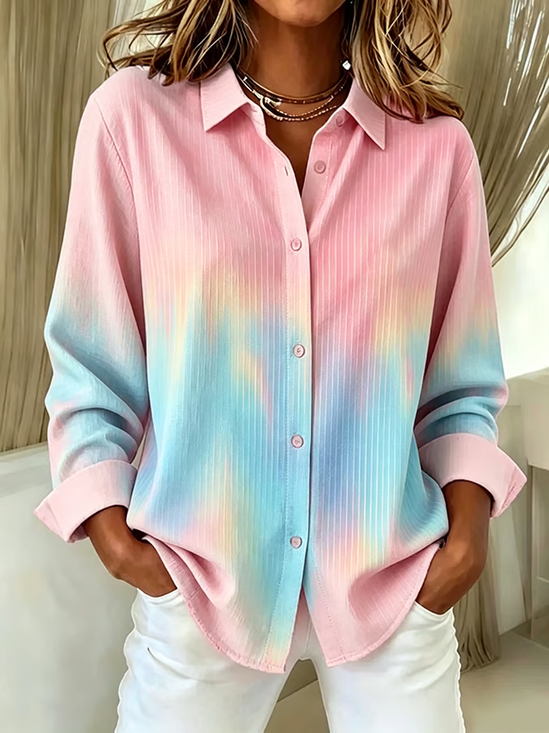 Women's Long Sleeve Shirt Spring/Fall As Picture Ombre Buckle Shirt Collar Regular Sleeve Daily Going Out Casual Top