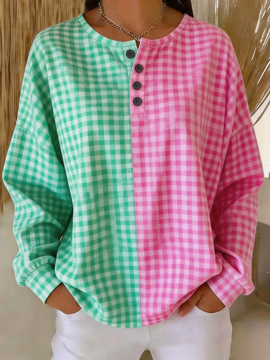 Color Block Gingham Henley Oversized Long Sleeve Top