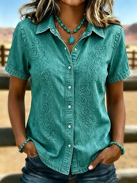 Women's Short Sleeve Shirt Summer Cyan Floral Printing Shirt Collar Daily Going Out Casual Top