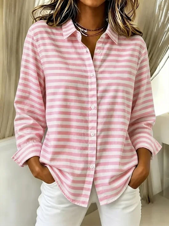 Women's Long Sleeve Shirt Spring/Fall Pink Striped Buckle Shirt Collar Regular Sleeve Daily Going Out Casual Top