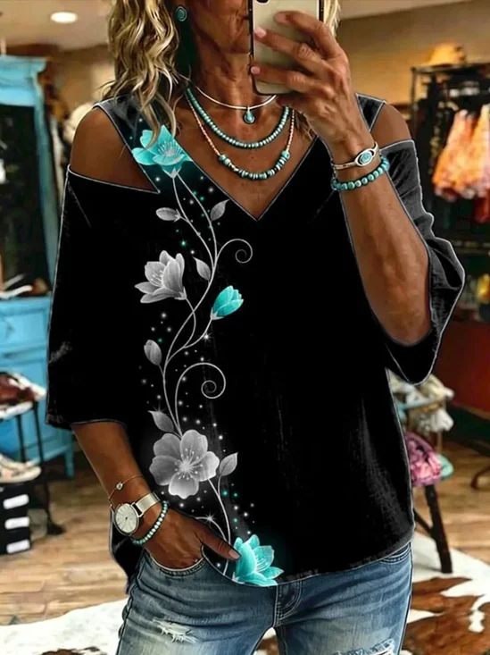 Women's Half Sleeve Blouse Summer Black Floral V Neck Daily Going Out Casual Top