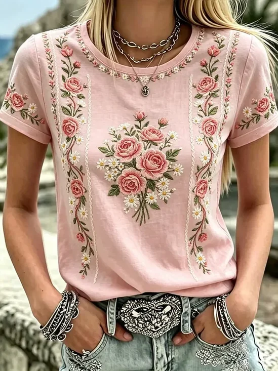 Women's Short Sleeve T-shirt Summer Pink Floral Printing Crew Neck Daily Going Out Casual Top