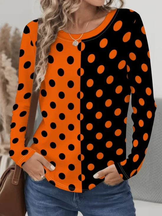 Women's Long Sleeve T-shirt Spring/Fall Orange Polka Dots Printing Jersey Crew Neck Daily Going Out Casual Top