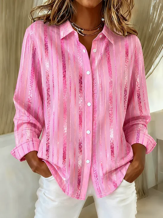 Women's Long Sleeve Shirt Spring/Fall Pink Abstract Buckle Shirt Collar Regular Sleeve Daily Going Out Casual Top