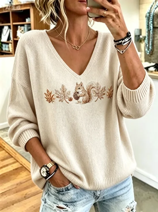 Casual V Neck Animal Regular Fit Sweater