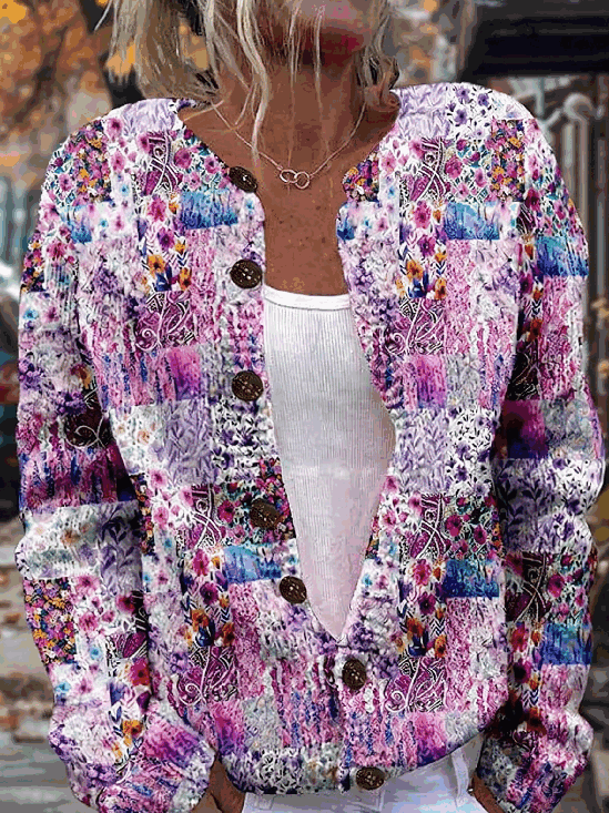 Crew Neck Vintage Floral Cardigan