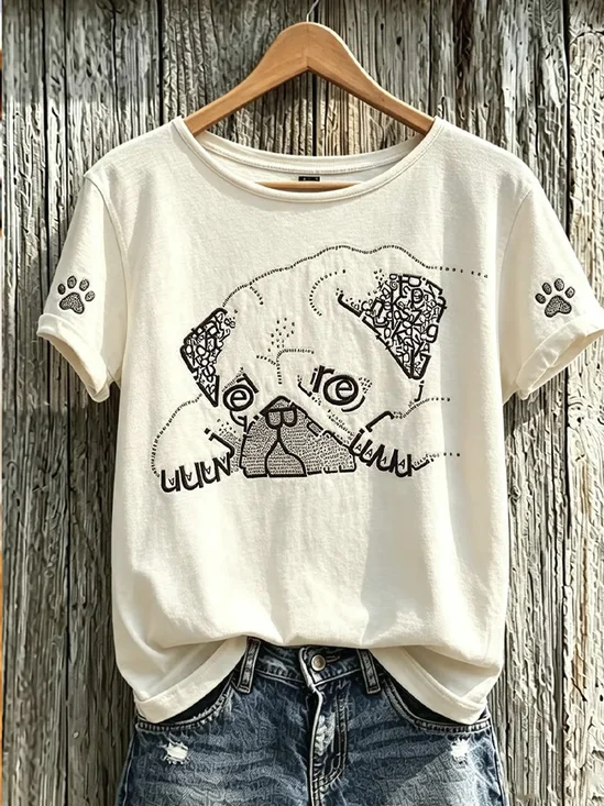 Line Dog Portrait Crew Neck Versatile T-shirt
