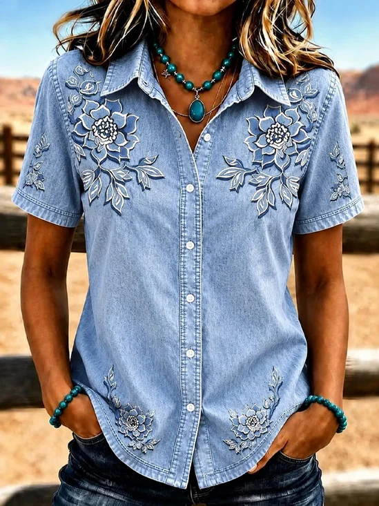 Large Floral Collared Button Down Western Shirt