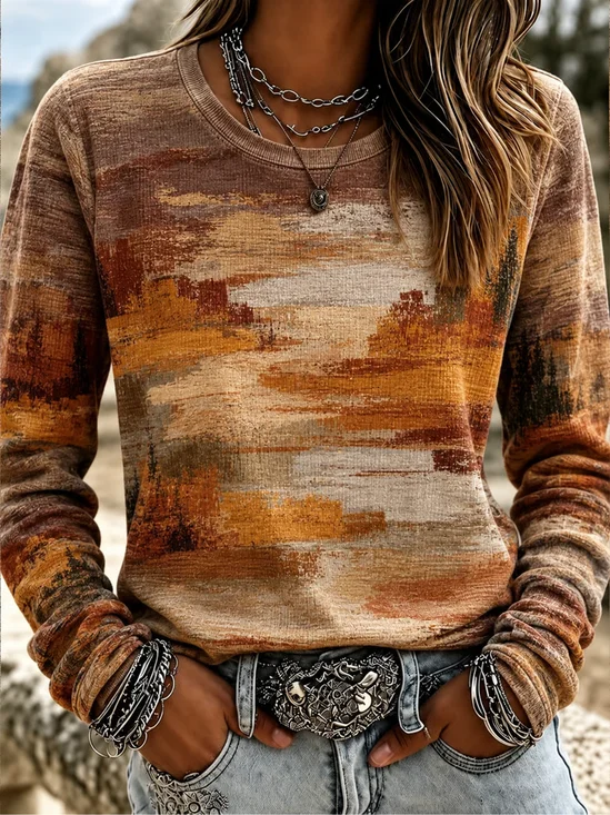 Women's Long Sleeve T-shirt Spring/Fall Brown Abstract Printing Jersey Crew Neck Daily Going Out Casual Top