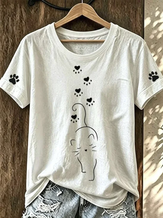 Line Cat Heart Paw Crew Neck Casual Short Sleeve T-Shirt