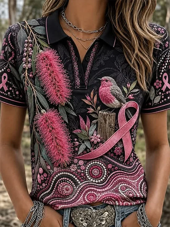 Women's Short Sleeve T-shirt Summer As Picture Breast Cancer Awareness Printing Polo Collar Daily Going Out Vintage Top