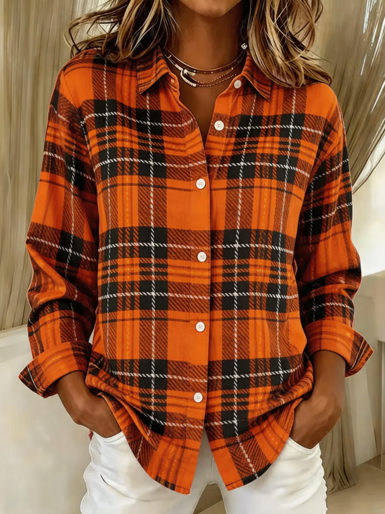 Women's Long Sleeve Shirt Spring/Fall Orange Plaid Buckle Shirt Collar Regular Sleeve Daily Going Out Casual Top