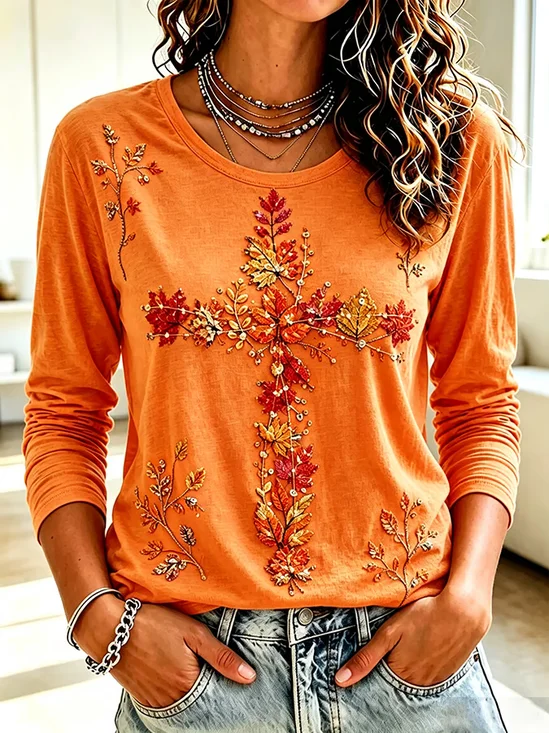 Women's Long Sleeve T-shirt Spring/Fall Orange Maple Leaf Printing Jersey Crew Neck Daily Going Out Casual Top
