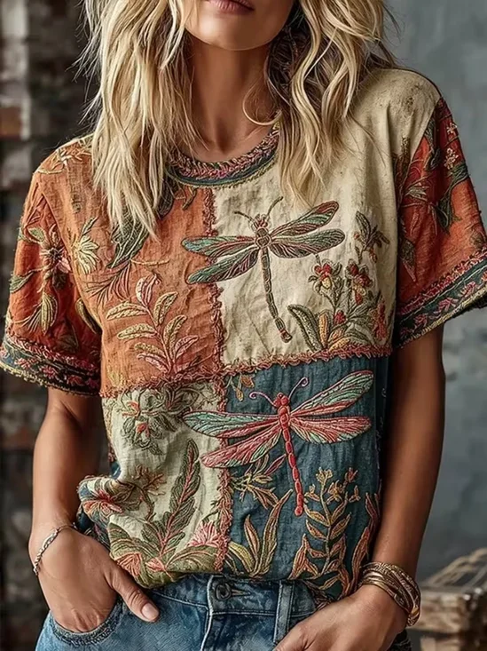 Women's Short Sleeve T-shirt Summer As Picture Dragonfly Printing Crew Neck Daily Going Out Casual Top