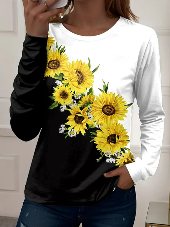 Women's Long Sleeve T-shirt Spring/Fall Black-white Sunflower Printing Jersey Crew Neck Daily Going Out Casual Top