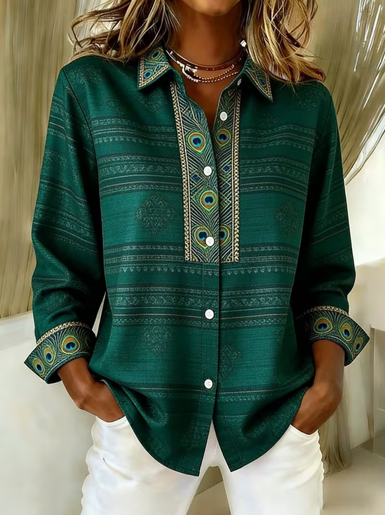 Women's Long Sleeve Shirt Spring/Fall Green Abstract Buckle Shirt Collar Regular Sleeve Daily Going Out Casual Top