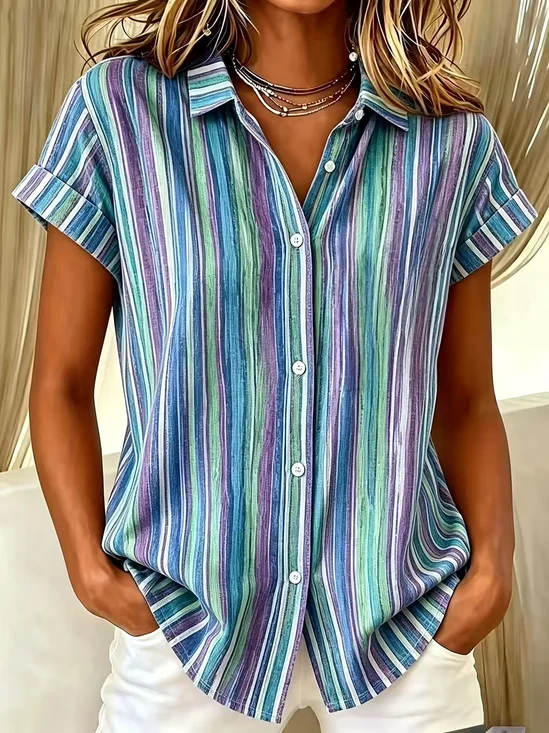 Women's Short Sleeve Shirt Summer Blue Abstract Stripes Printing Shirt Collar Daily Going Out Casual Top