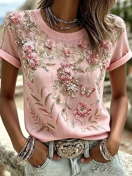 Women's Short Sleeve T-shirt Summer Pink Floral Printing Crew Neck Daily Going Out Casual Top