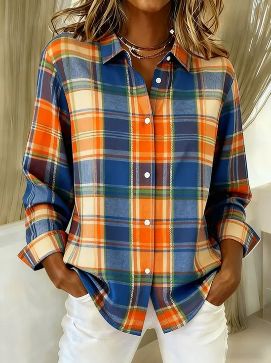 Women's Long Sleeve Shirt Spring/Fall As Picture Plaid Buckle Shirt Collar Regular Sleeve Daily Going Out Casual Top
