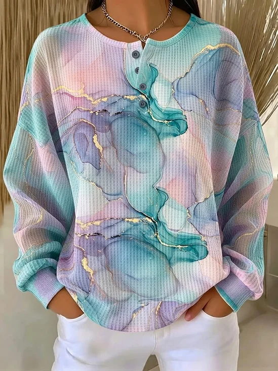 Women's Abstract Print Button-Up Casual Waffle Knit Sweatshirt