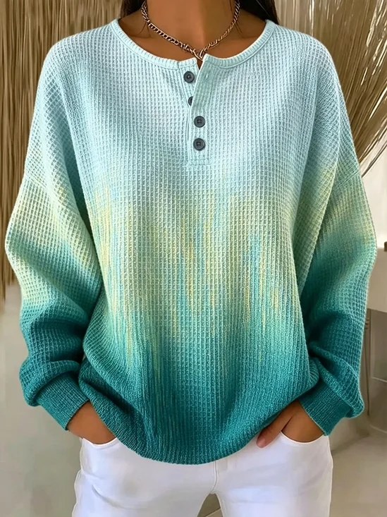 Women's Abstract Print Button-Up Casual Waffle Knit Sweatshirt