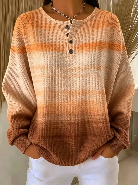 Women's Abstract Print Button-Up Casual Waffle Knit Sweatshirt