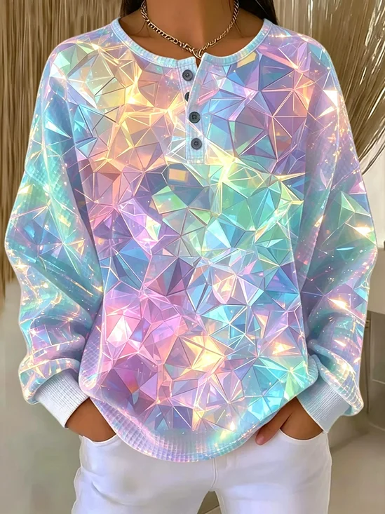 Women's Abstract Print Button-Up Casual Waffle Knit Sweatshirt