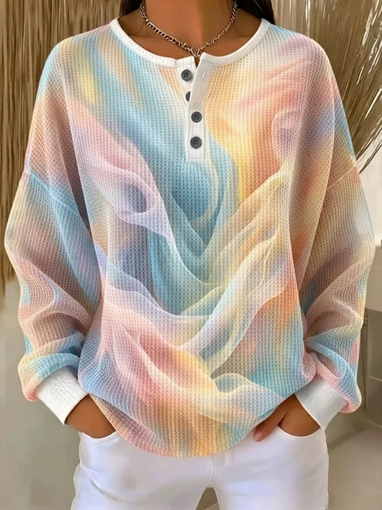 Women's Abstract Print Button-Up Casual Waffle Knit Sweatshirt