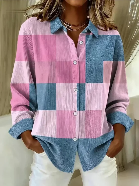 Women's Long Sleeve Shirt Spring/Fall Pink Plaid Buckle Shirt Collar Regular Sleeve Daily Going Out Casual Top