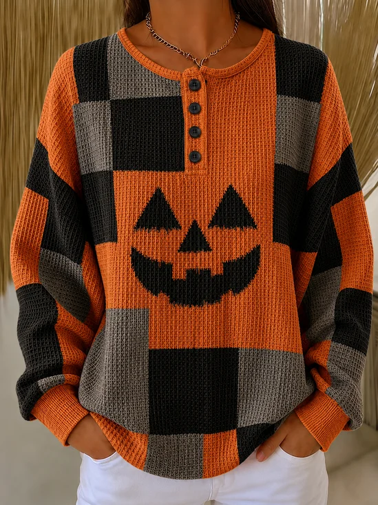 Casual Regular Fit Henley Collar Halloween Sweatshirt